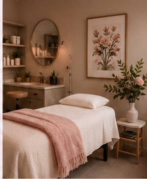 Private spa treatment room with blush linens and flowers